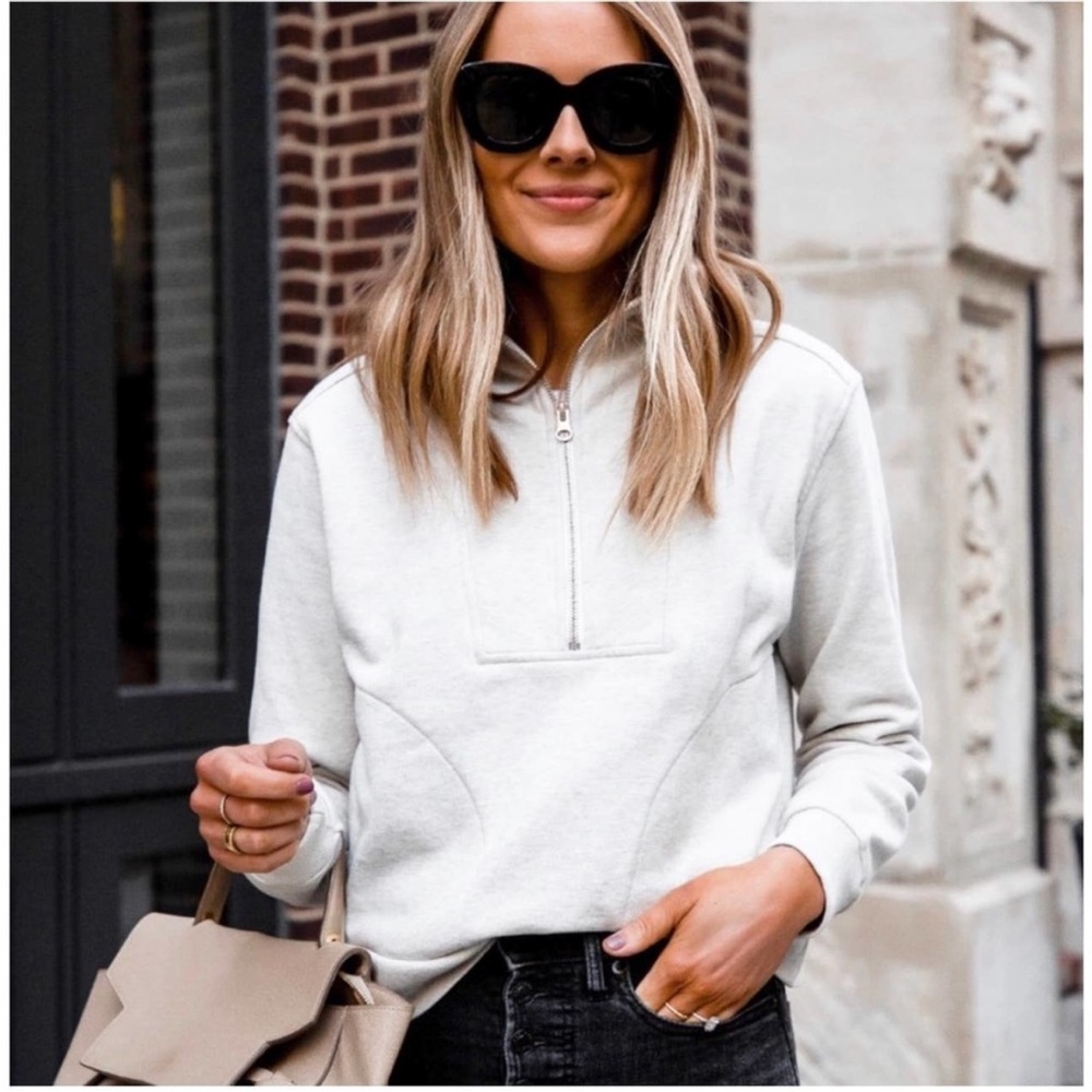 EVERLANE Track Half Zip Organic Cotton Sweatshirt Pullover Bone White - Picture 2 of 12